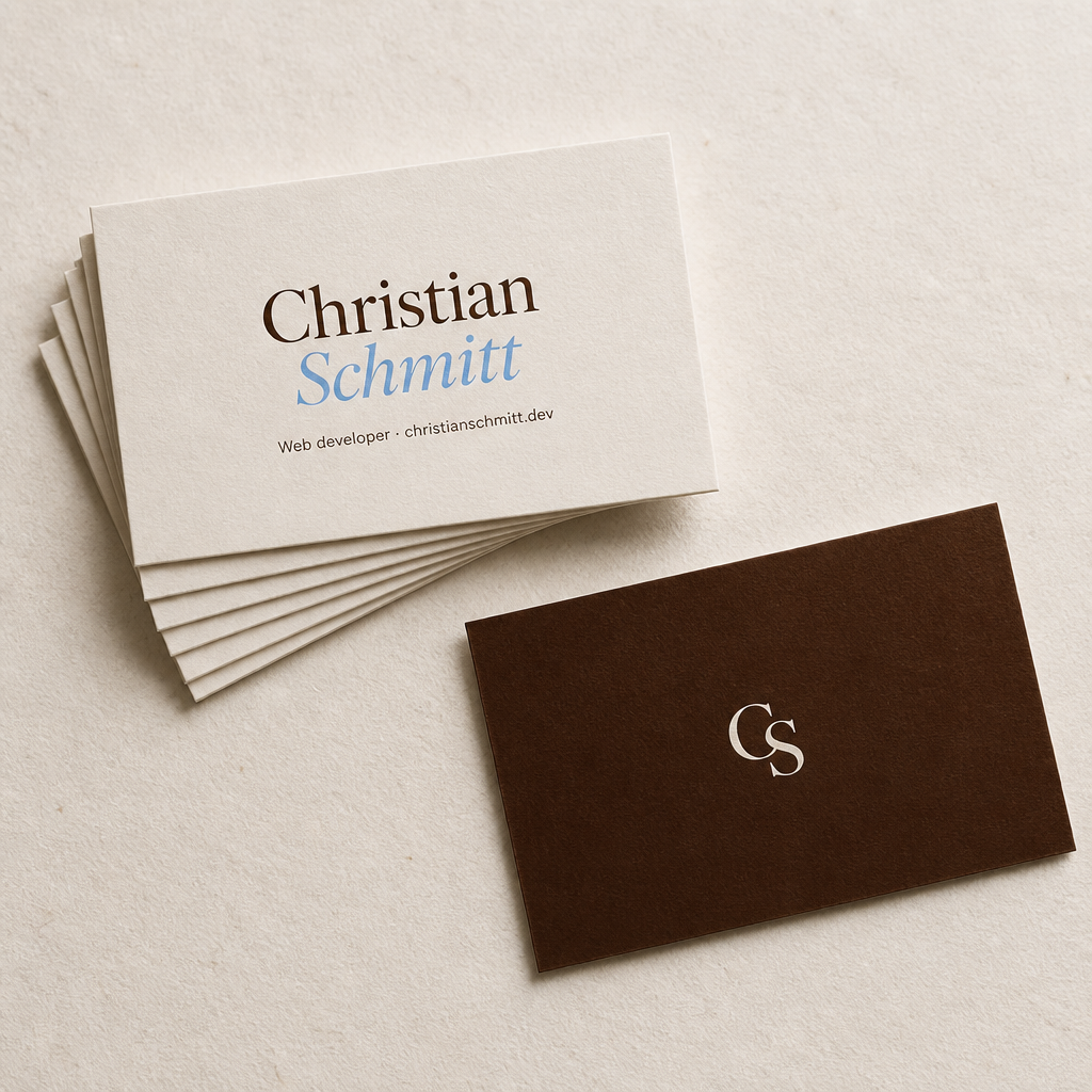 Business card stack mockup with Christian Schmitt wordmark on cream stock