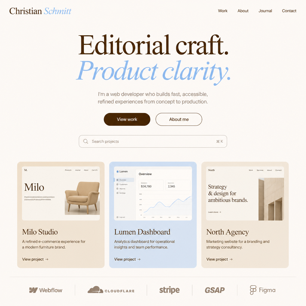 Portfolio homepage UI mockup — Perplexity-style layout with Christian Schmitt branding