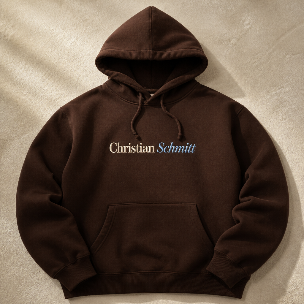 Espresso brown hoodie mockup with embroidered Christian Schmitt wordmark