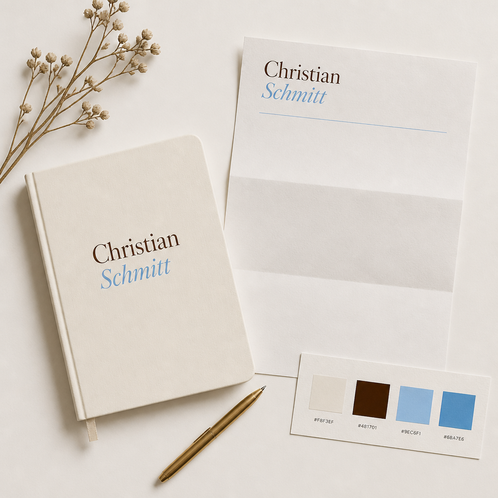 Stationery flatlay with notebook, letterhead, brass pen, and color swatch card