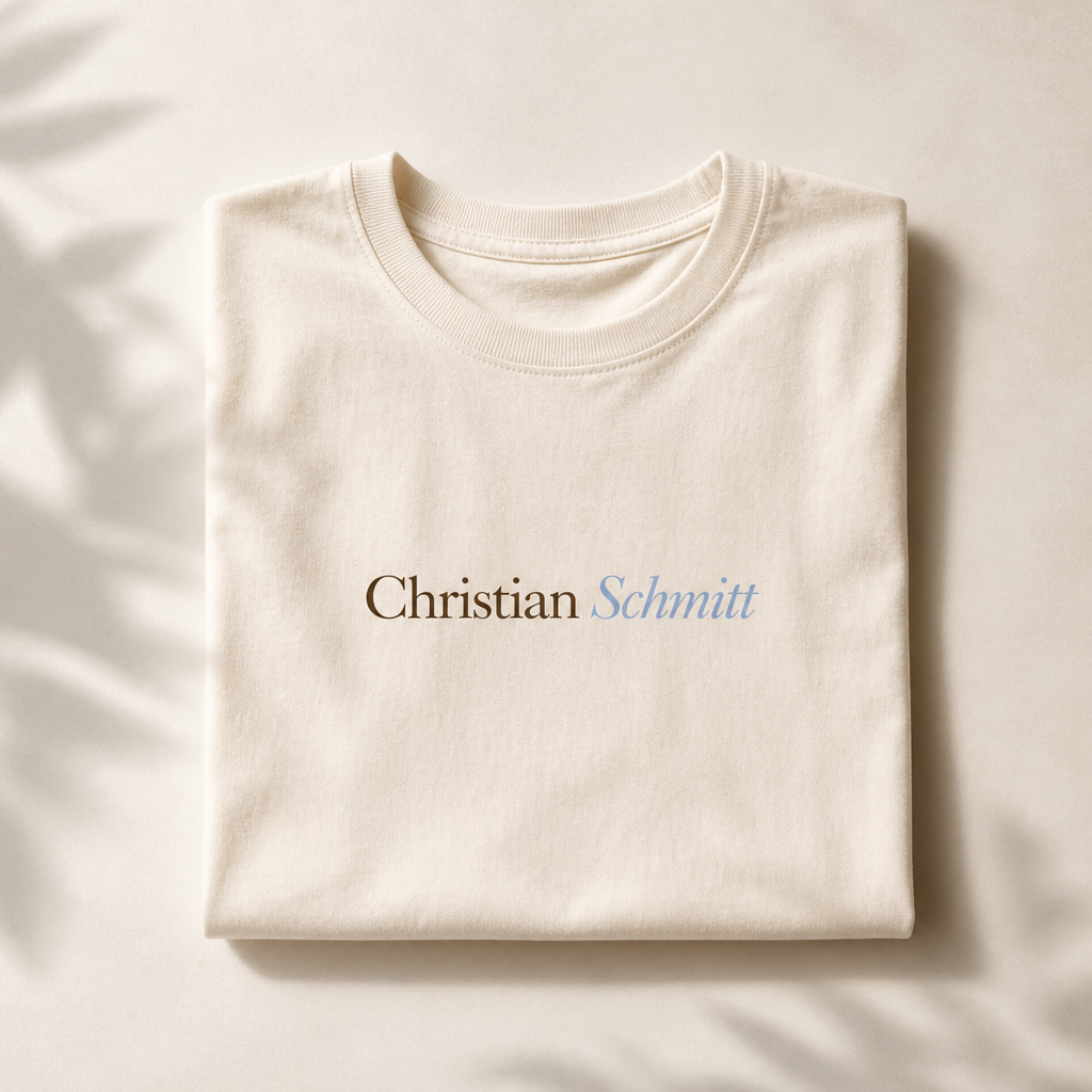 Cream t-shirt merch mockup with Christian Schmitt wordmark print